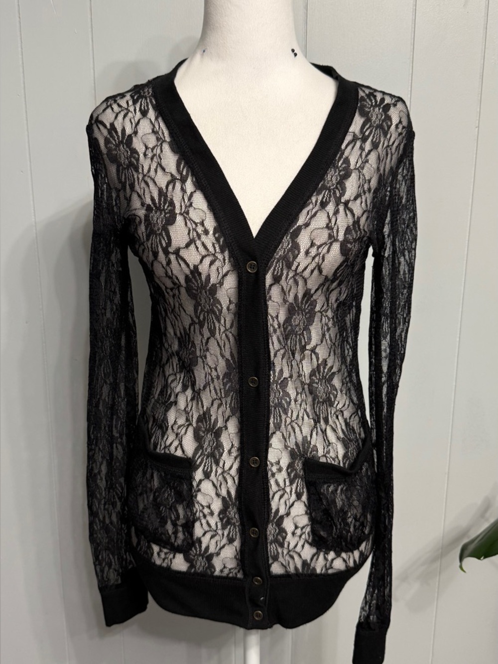#15)  Poof! Black Lace Button Cardigan
